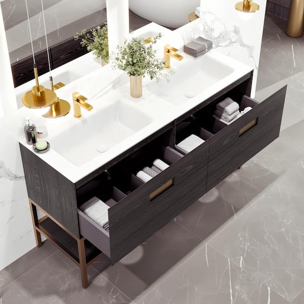 Eviva Iris 59 in. W. x 22 in. D x 33.5 in. H Gray Oak Freestanding Double Bath Vanity with White Solid Surface Integrated Top