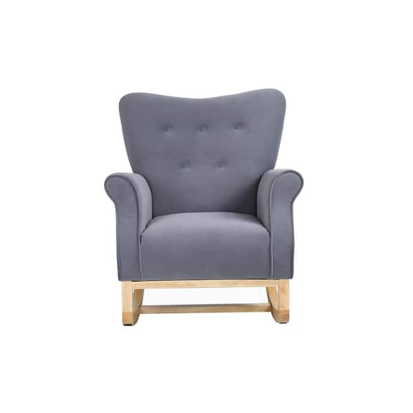 Zeus & Ruta Natural Wood Fabric Outdoor Rocking Chair with Grey Velvet Cushions Seat for Living Room, Bedroom