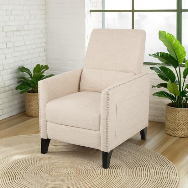 Benjara Push Beige Fabric Glider Manual Recliner Chair