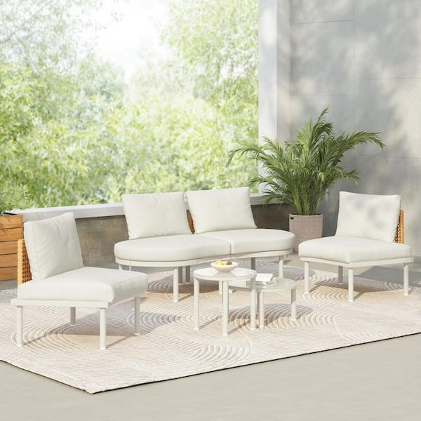 Unbranded Beige 6-Pieces Wicker Metal Patio Conversation Set Outdoor Sectional Sofa and Chair with Cushions and Tow Coffee Tables