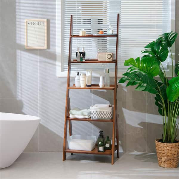21 in. W 5-Tier Bamboo Ladder Shelf Bookshelf Display Storage Rack Flower Stand Coffee