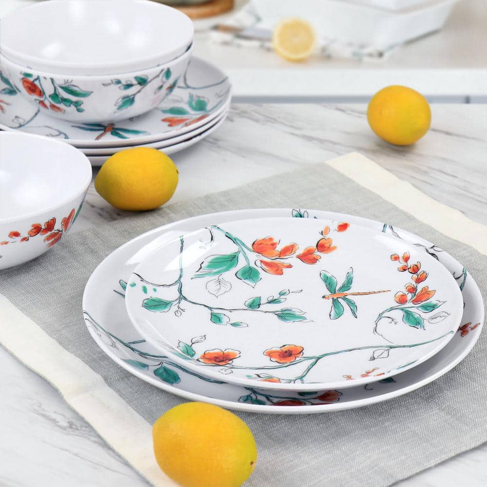White Floral Dragonfly Melamine Dinnerware Set, Service for 4