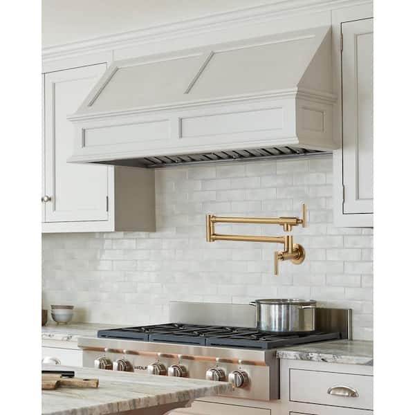 Modern Wall Mount Pot Filler Kitchen Faucet with Double Joint Swing Arm 360° Rotation in Brushed Gold