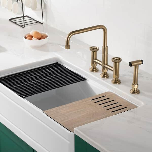 KRAUS Urbix Double Handle Industrial Bridge Kitchen Faucet with