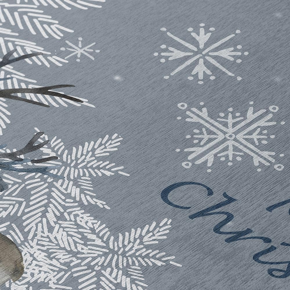 Gray Christmas Reindeer Washable Polyester Runner Rug