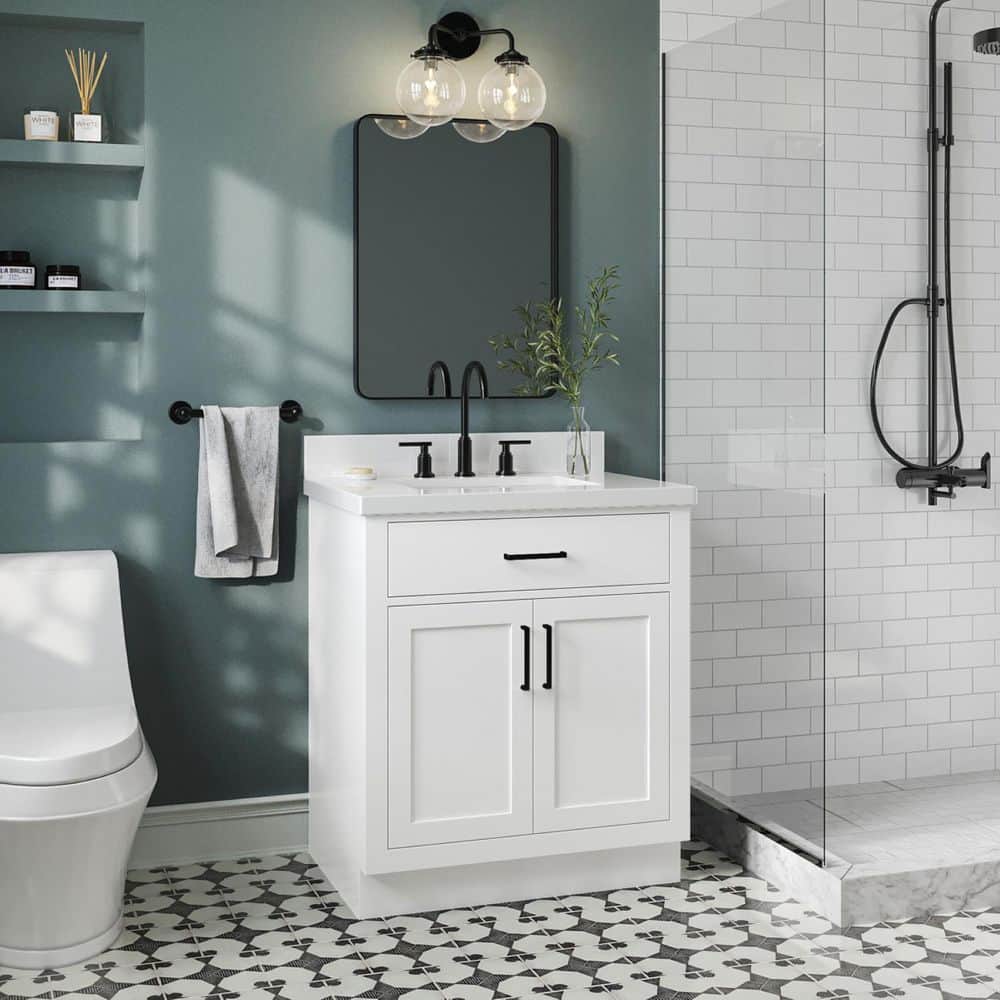 Hepburn 30 in. Single Sink Freestanding Bath Vanity in White with Pure White Quartz Top & Sidesplash price history on PriceWatchPro