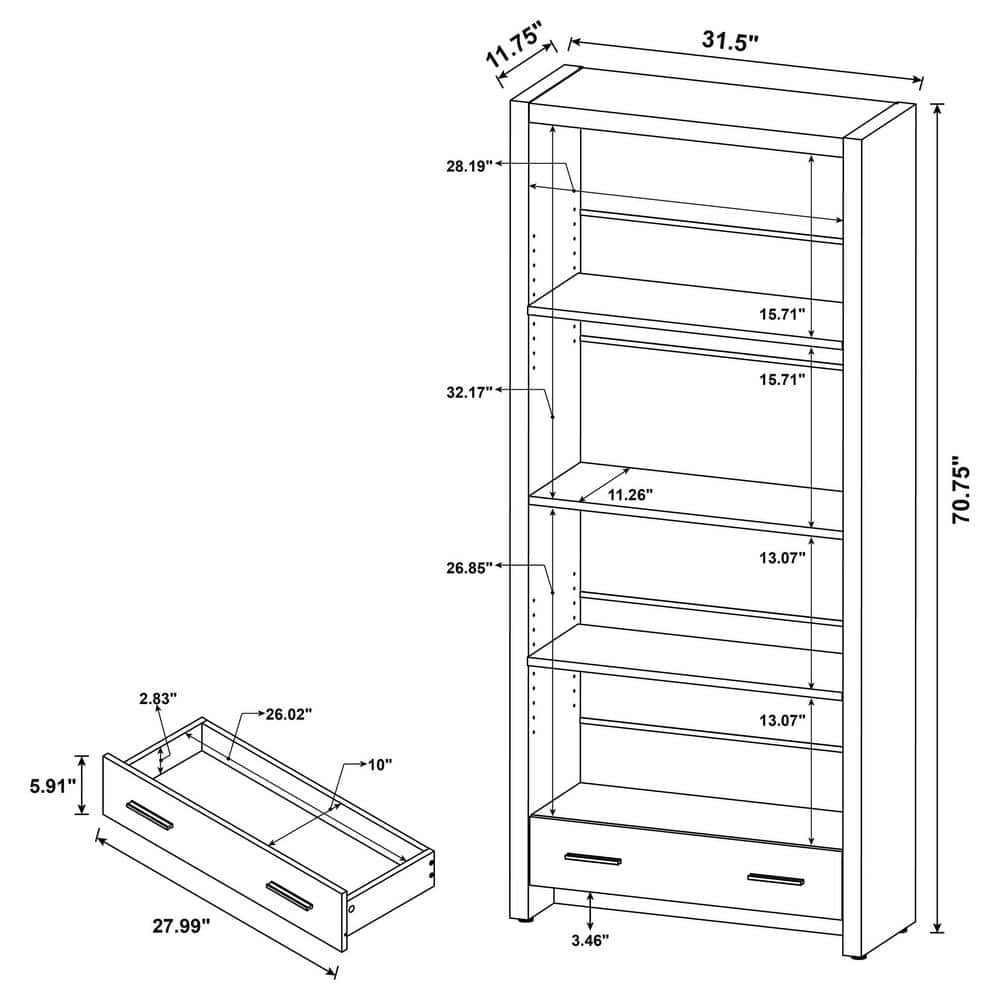 Transitional Skylar 70.75" Cappuccino Wood Bookcase with Storage Drawer
