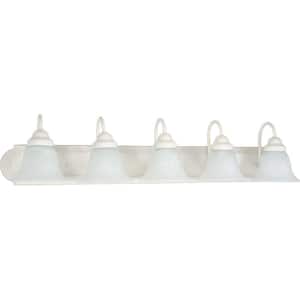 5-Light Textured White Vanity Light with Alabaster Glass Bell Shades
