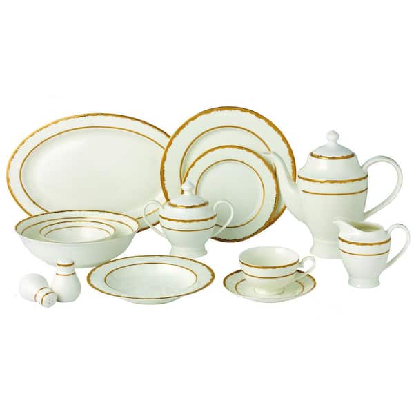 Lorren Home Trends 57-Piece Patterned Gold Accent Bone China Dinnerware Set (Service for 8)