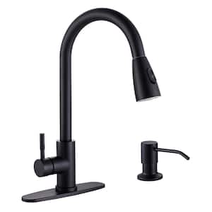 Stainless Steel Single Handle Pull Out Sprayer Kitchen Faucet with Deckplate and Soap dispenser in Black