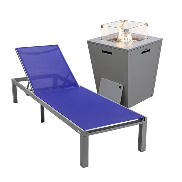 Leisuremod Marlin Modern Grey Aluminum Outdoor Patio Chaise Lounge Chair with Square Fire Pit Table, Navy Blue