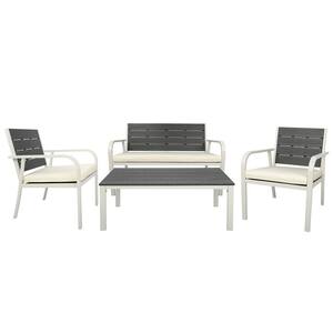 White 4-Piece Wood Grain Design Patio Garden Sofa Conversation Set with PE Steel Frame Loveseat and Beige Cushions