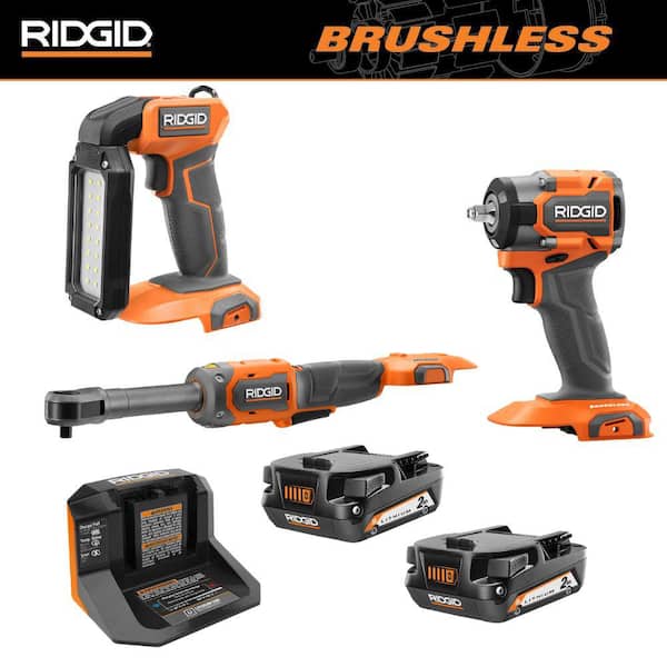 RIDGID 18V Cordless 3-Tool Combo Kit with LED Light, SubC Impact Wrench, Extended Reach Ratchet, (2) 2.0 Ah Batteries & Charger