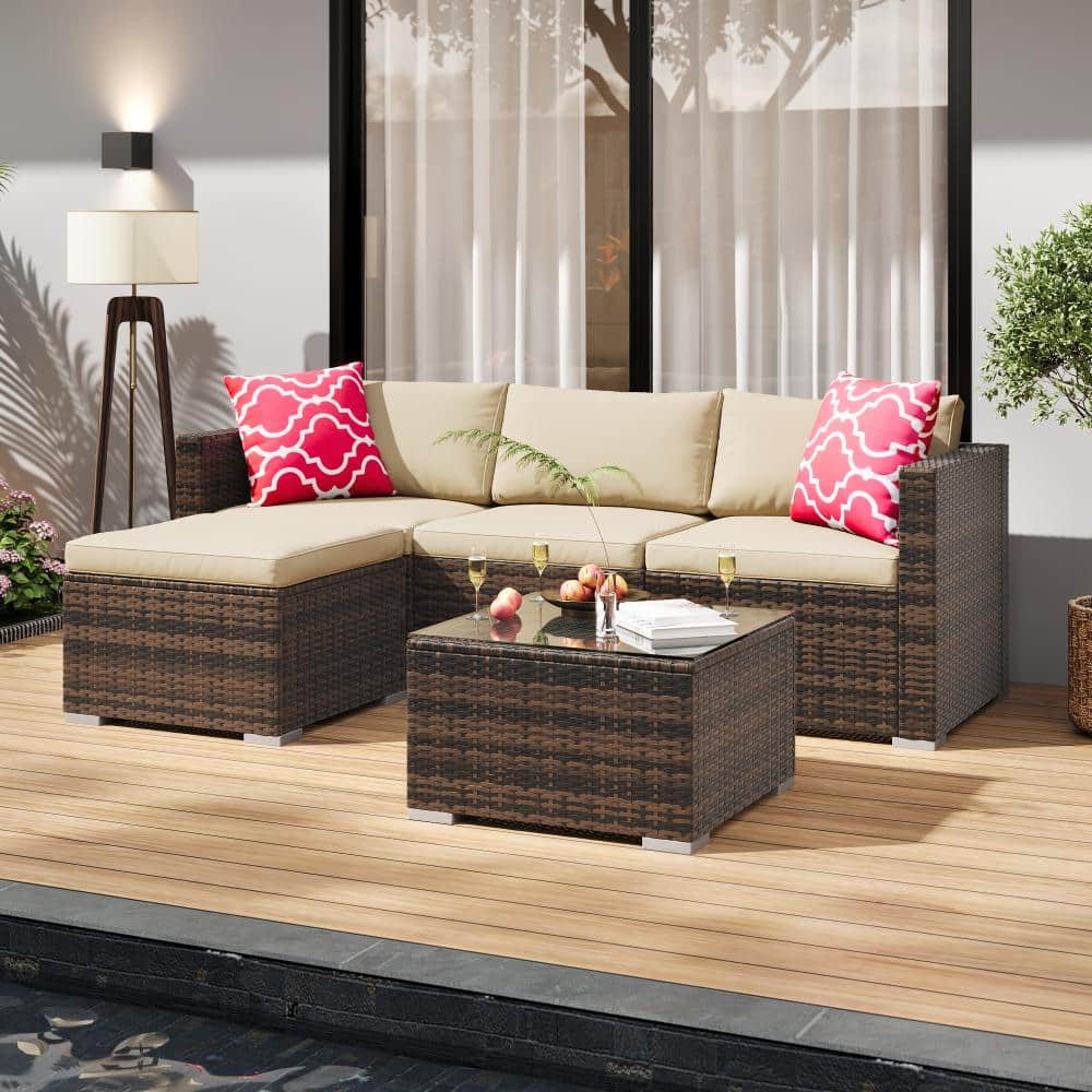Five-Piece L-Shape Rattan Garden Set with Cushions, Brown Four-Strand Rattan and Khaki Cushions with Red Pillows price history on PriceWatchPro