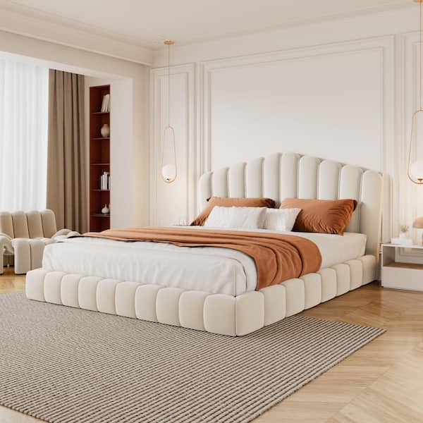 Noble House Honey Beige Wood Frame Upholstered Queen Size Floor Platform Bed with Shell-Shaped Headboard