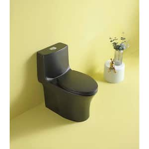 12 in. 1-piece 1.1/1.6 GPF Water-Efficient Dual Flush Elongated Toilet in Glossy Black Soft Closing Seat Included