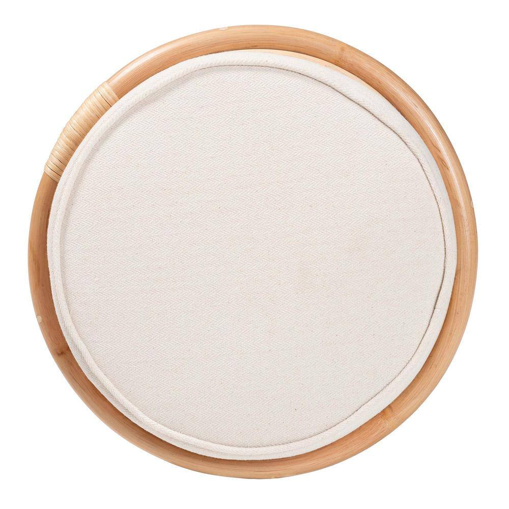 Junius Natural Rattan Round Ottoman with Fabric Cushion