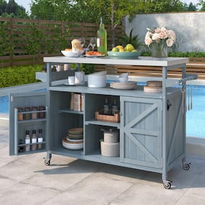 Blue Solid Wood Outdoor Rolling Bar Cart Grill Cart with Stainless Steel Top