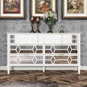 6-Mirrored Drawers White Wood Dresser 55.1 in. W 6 Drawer High Gloss Dresser (15.7 in. D x 30.3 in. H)