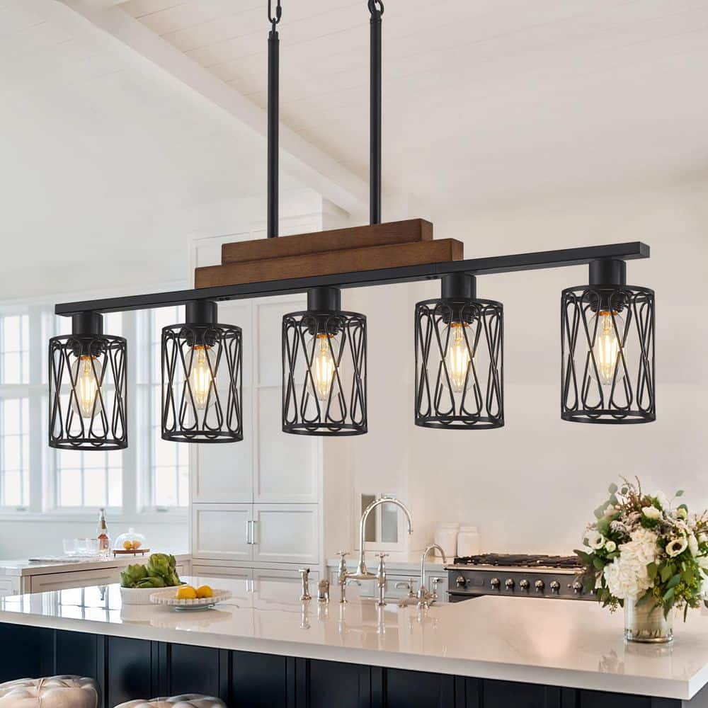 Rustic Island Lighting ZSMIHDOH 5-Light Rustic Farmhouse Wood And Metal Kitchen Island Pendant ...