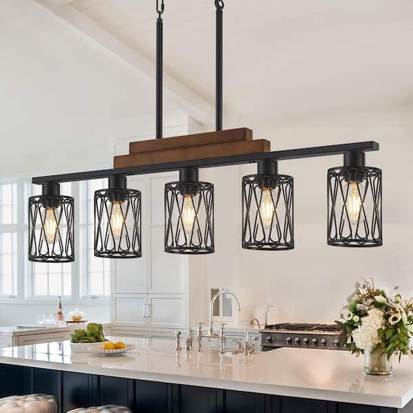 5-Light Rustic Farmhouse Wood And Metal Kitchen Island Pendant