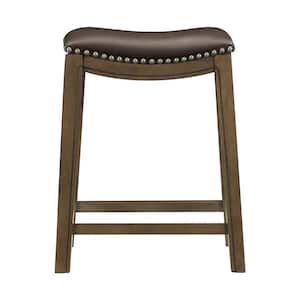 Pecos 25 in. Brown Wood Counter Height Stool with Brown Faux Leather Seat