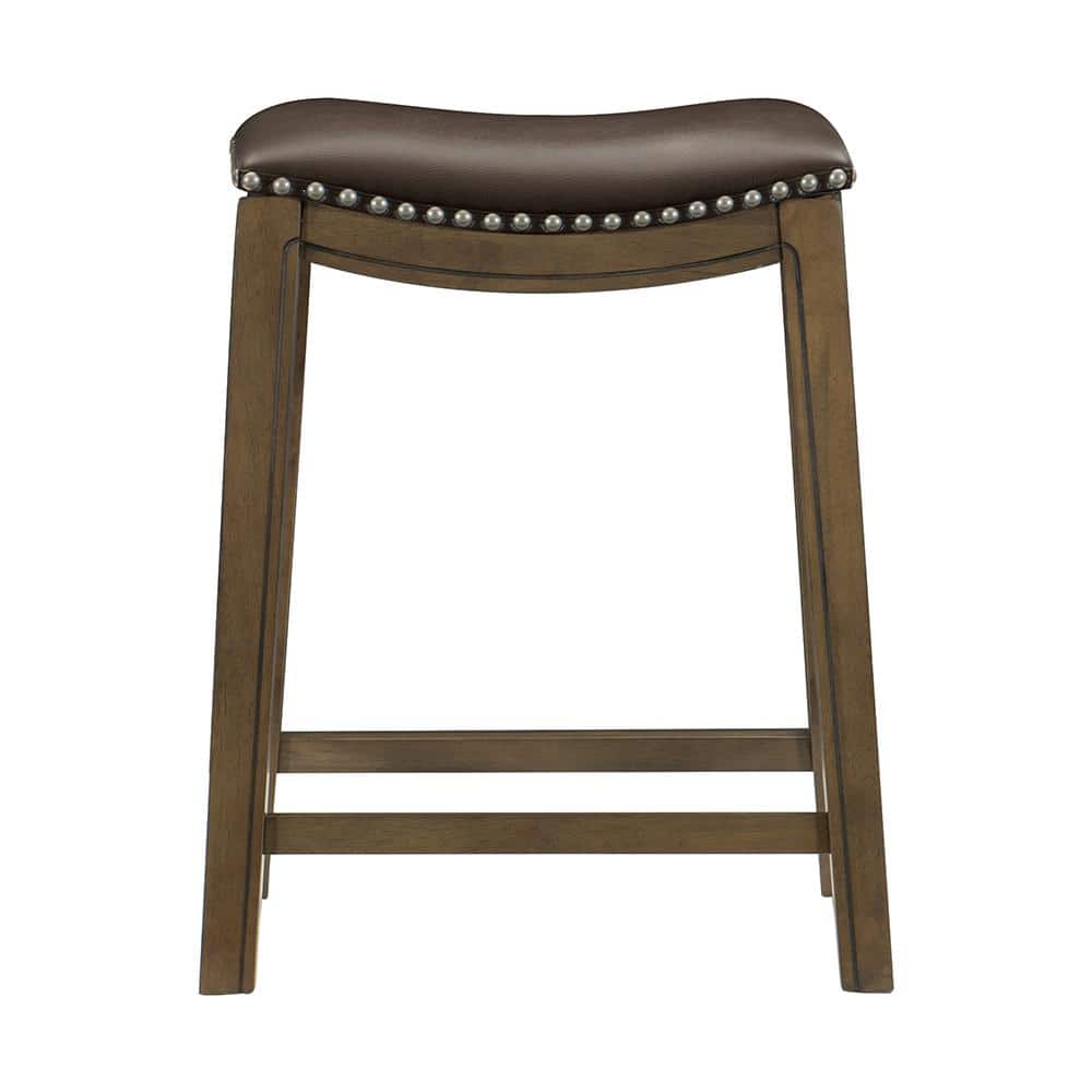 Brown Faux Leather Saddle Seat Counter Stool with Nailhead Trim