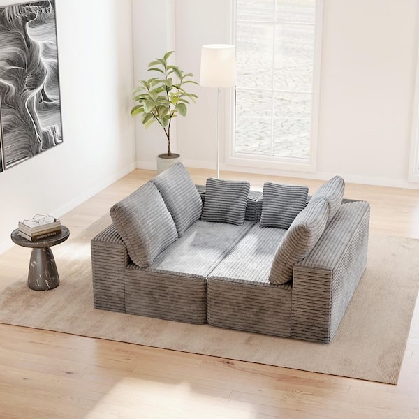 134 in. Square Arm Gray Corduroy Fabric Rectangle Modular Sectional Sofa Boneless Couch with Pillows
