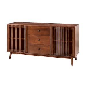 Cyril Mid-century Walnut 3 Drawer Sideboard with Wooden Legs and Slatted Doors