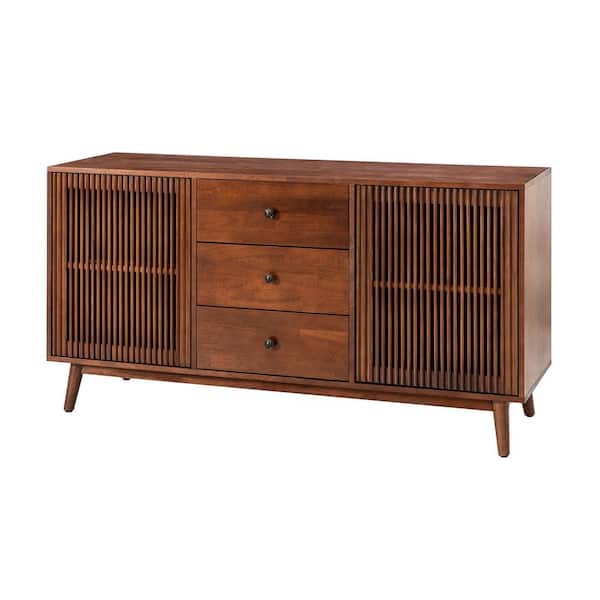 JAYDEN CREATION Cyril Mid-century Walnut 3 Drawer Sideboard with Wooden Legs and Slatted Doors