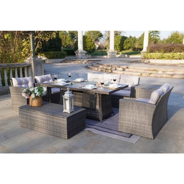 moda furnishings Fire and Ice Gary 7-Pieces Wicker Patio Conversation Fire Pit Table Sofa Set with Ice Bucket and 2 Storage Box