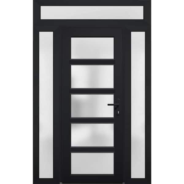 VDOMDOORS 54 in. x 94 in. Left-hand/Inswing 3 Sidelights Frosted Glass Black Steel Prehung Front Door with Hardware