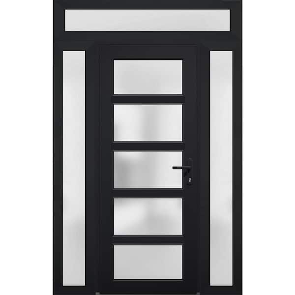 62 in. x 94 in. Left-hand/Inswing 3 Sidelights Frosted Glass Black Steel Prehung Front Door with Hardware