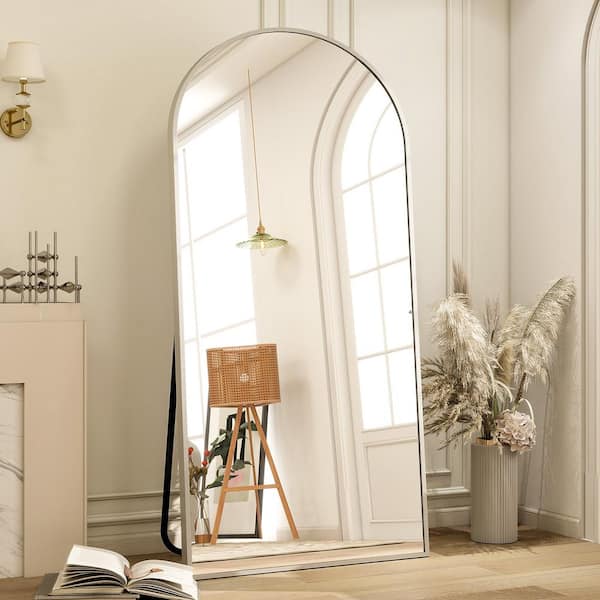 XRAMFY 34 in. W x 76 in. H Arched Silver Aluminum Alloy Framed Full Length Mirror Standing Floor Mirror