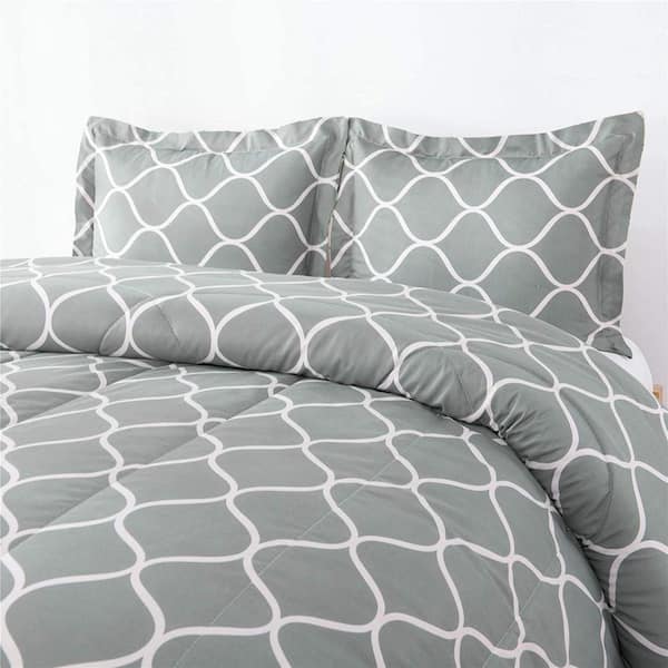 Shatex 3-Pieces Gray Geometric Polyester Queen Bedding Comforter