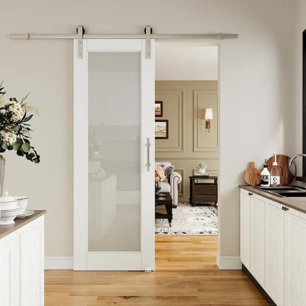 28 in. x 80 in. 1-Lite Tempered Frosted Glass White Finished MDF Sliding Barn Door Hardware Kit Nickel Plated