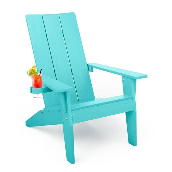 Oversize Modern Aruba Blue Plastic Outdoor Patio Adirondack Chair with Cup Holder