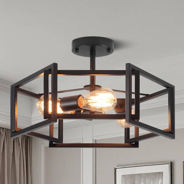 18.11 in. 3 Light Matte Black Modern Farmhouse Hexagon Semi-Flush Mount Ceiling Light
