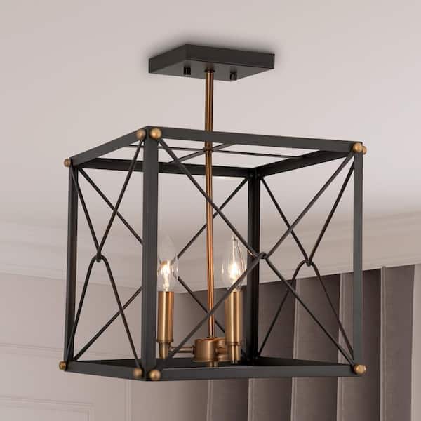 Cordelia Lighting Brooks 13 in. 3-Light Vintage Bronze Semi-Flush Mount with Open Cube Metal Cage Frame