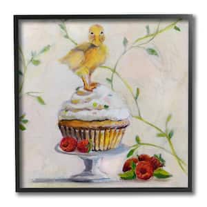 "Baby Duck on Raspberry Cupcake Dessert Painting" by Karen Weber Fine Art Framed Animal Wall Art Print 12 in. x 12 in.