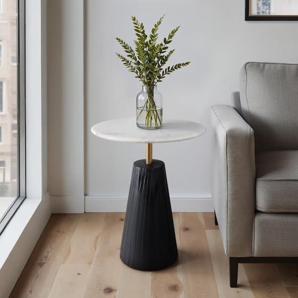 Black 17 in. Round Marble Modern Accent Table with Fluted Base