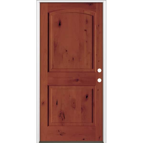 Krosswood Doors 30 in. x 80 in. Rustic Knotty Alder 2-Panel Arch Top Left-Hand/Inswing BEHR Amaretto Stain Wood Prehung Front Door