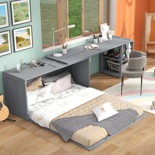 Harper & Bright Designs Gray Wood Frame Queen Size Murphy Bed with Rotable Desk and Storage Shelves