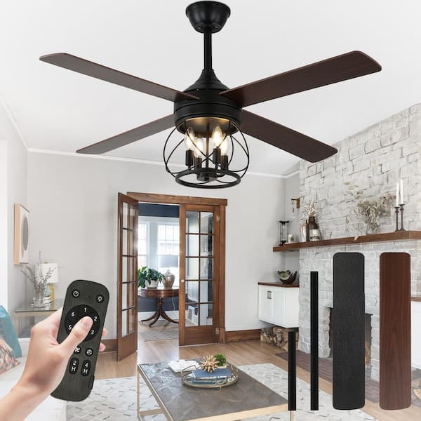 48 in. Indoor Standard Downrod Black Farmhouse Ceiling Fan with Light and Remote, Reversible DC Motor Rustic Caged Fan