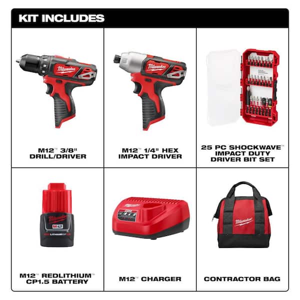 M12 12-Volt Lithium-Ion Cordless 2-Tool Combo Kit w/SHOCKWAVE Impact Duty Alloy Steel Screw Driver Bit Set (25-Piece)