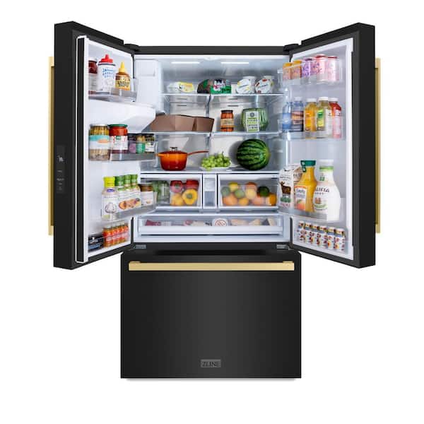 36 in. 3-Door French Door Refrigerator with Ice and Water Dispenser in Black Stainless Steel and Square Champagne Bronze