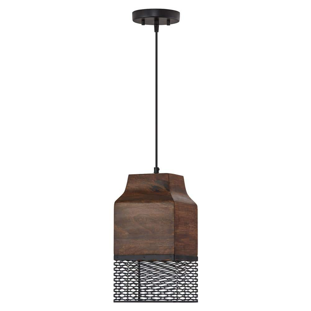 River of Goods Cammie 1-Light Black Metal Cage Pendant Light with Rectangle-Shaped Mango Wood and Metal Cage Shade