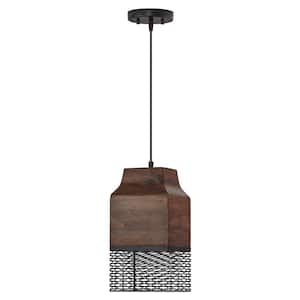 Cammie 1-Light Black Metal Cage Pendant Light with Rectangle-Shaped Mango Wood and Metal Cage Shade