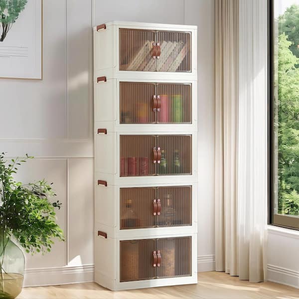 Stackable Storage Cabinet 5-Tier 66 in., Foldable Organizer with Magnetic Doors and Wheels, Toy Closet Organizer, White