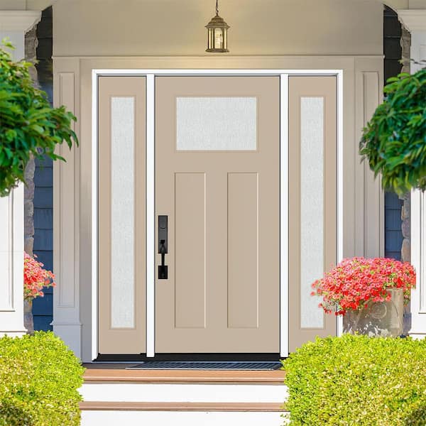 Legacy 68 in. x 80 in. 1/4 Toplite Rain Glass LHOS Primed Quarry Finish Fiberglass Prehung Front Door w/Dbl 14 in. SL